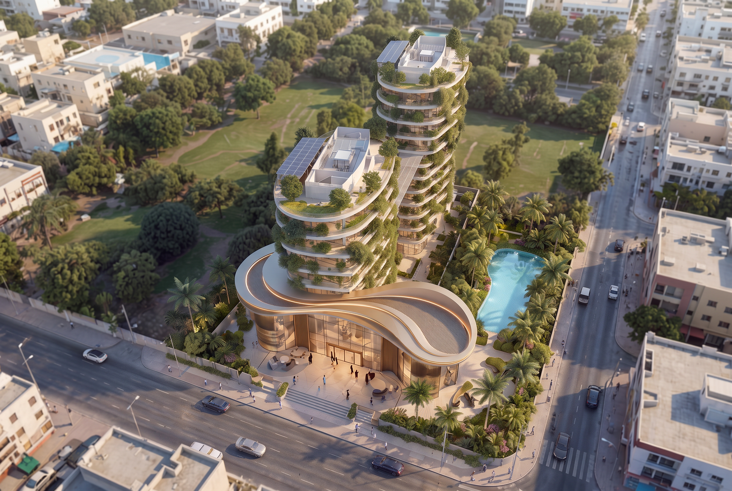 Aerial concept study - twin towers and sculptural canopy, Sotrac-Mermoz