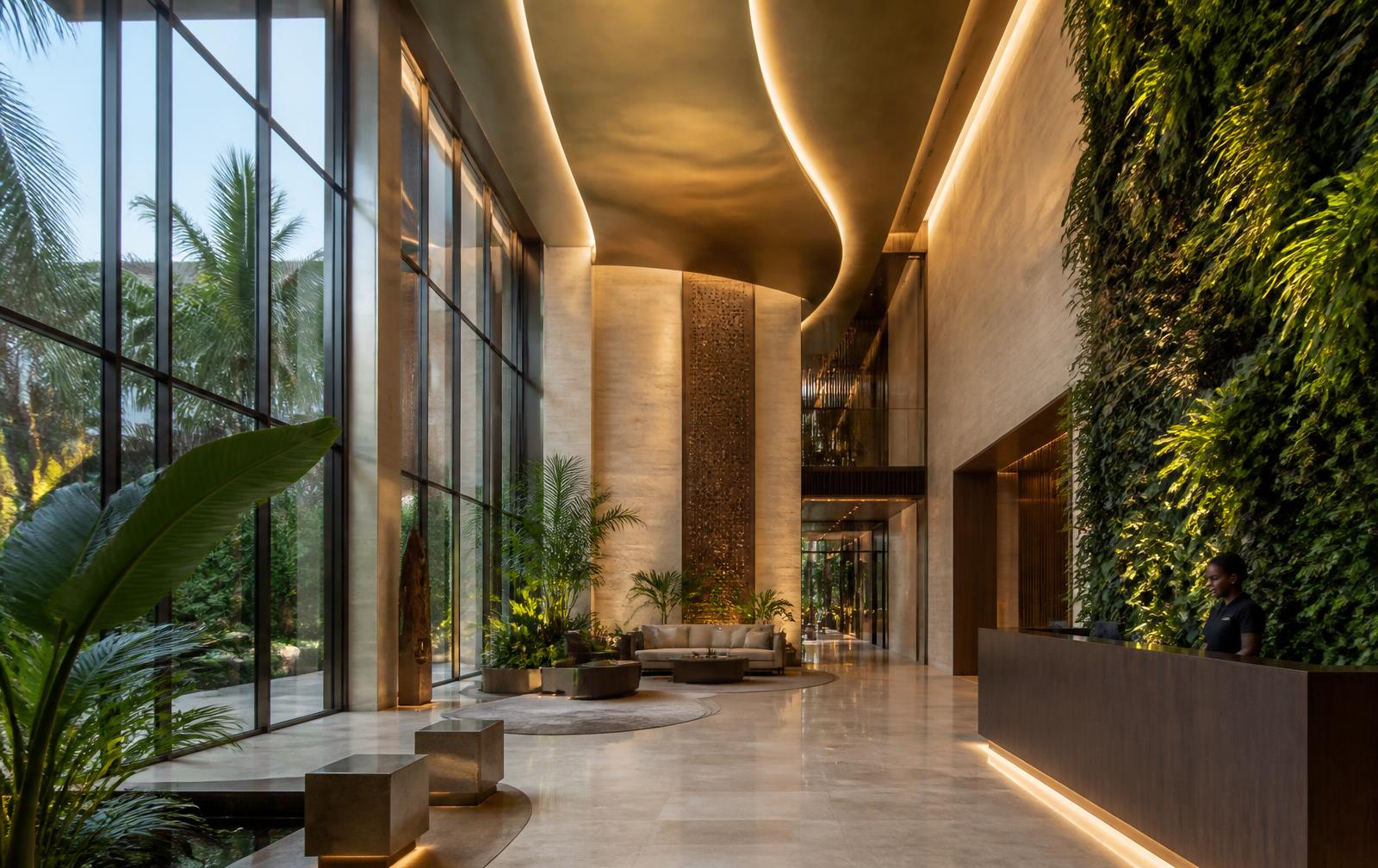 Arrival lobby concept - living wall, travertine and bronze